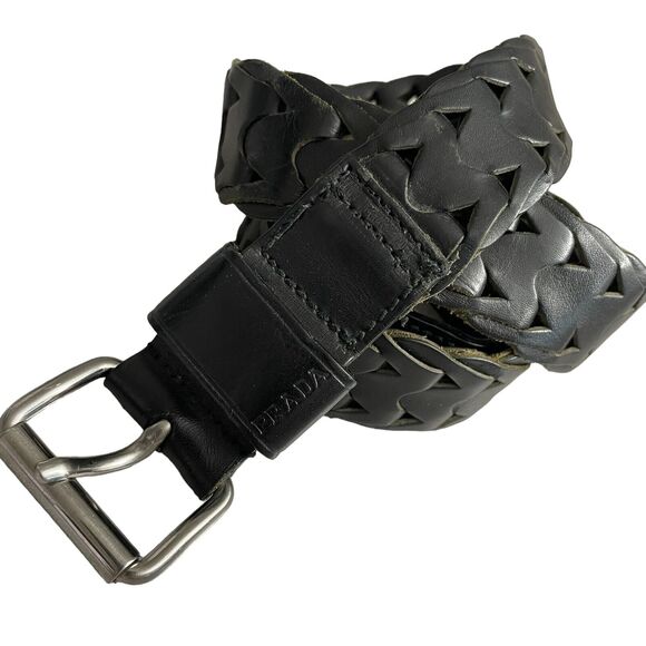 Prada Mens Belt 42 Black Silver Buckle Leather Chain 1.5" Made In Italy *Flaw - Picture 1 of 13
